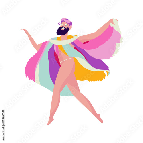Joyful person with colorful flowing cape dances with elegance and flair, celebrating freedom and self-expression