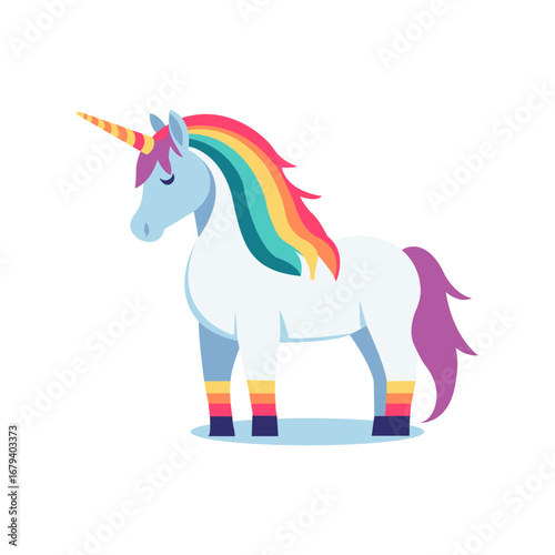 Whimsical unicorn with rainbow mane and tail featuring striped legs and golden horn, presented in a charming flat design style.