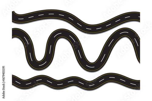 Wavy winding curves roads and horizontal path set . Horizontal asphalt road template. eps 10