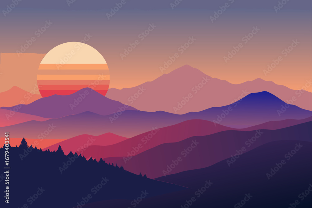 Obraz premium Stylized minimalist landscape with layered mountains and a large sun setting behind peaks at dusk