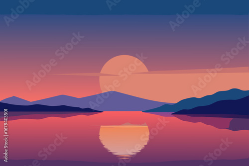 Serene minimalist landscape with a large sun setting over mountains reflected in a calm lake at dusk