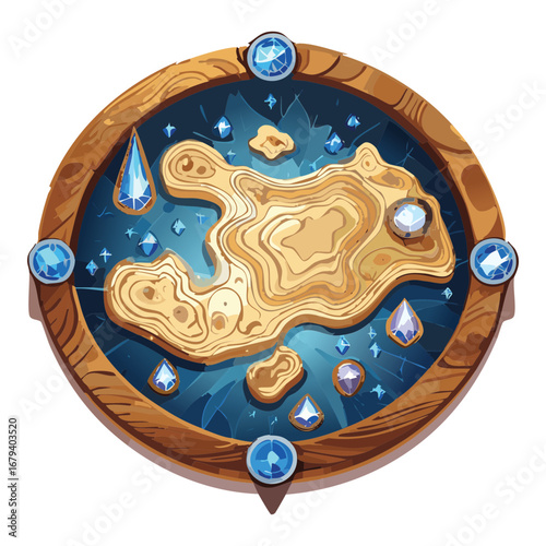 Map with a large island and a winding river, a beautiful navigation asset for a casual exploration Game