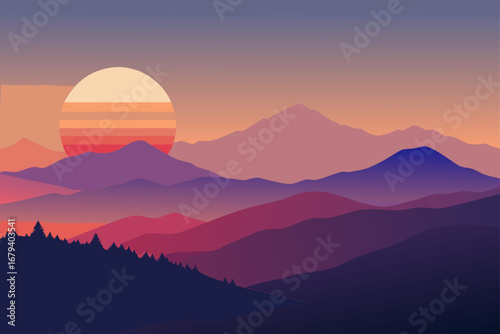 Stylized minimalist landscape with layered mountains and a large sun setting behind peaks at dusk
