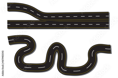 Wavy winding curves roads and horizontal path set . Horizontal asphalt road template. eps 10