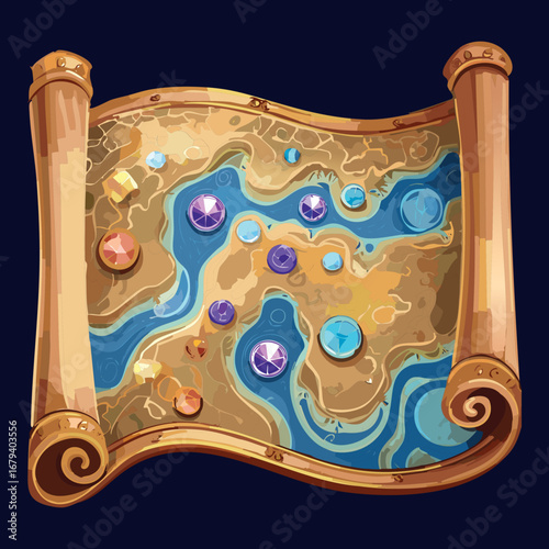 Map scroll with a winding river and gems, a classic quest guide for a story-driven adventure Game