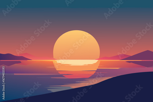 Vibrant sunset over a calm lake with distant mountains and reflections in the water