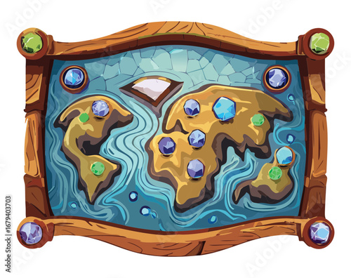 Ornate map with glowing gems, a valuable treasure hunt guide for a mobile or casual adventure Game