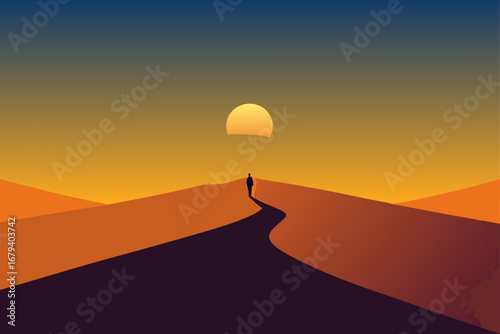 Lone traveler walks on a winding path through vast desert dunes towards a setting sun