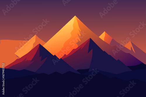 Stylized mountain range silhouette at sunset with vibrant orange and purple hues creating a dramatic landscape