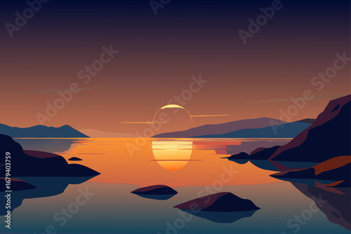 Serene sunset over a calm lake with distant mountains and rocky shores reflecting the warm orange glow