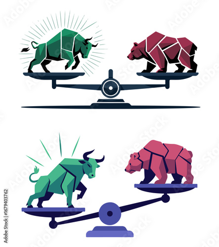Financial scale with bull and bear trading conceptual vector illustration