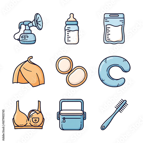 Illustrated icon set of essential breastfeeding and lactation support items for newborn baby feeding and motherhood care