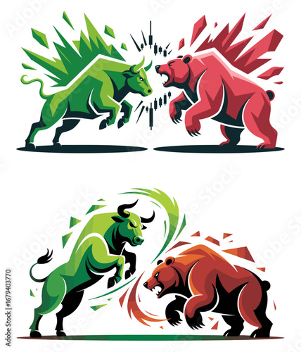 Conceptual bull and bear clash vector illustration symbolizing market volatility