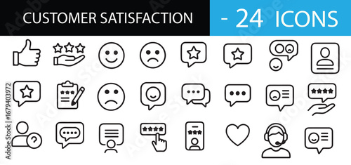 Minimalist Customer Satisfaction Icon Set – 30 Line Art Symbols for Feedback, Ratings, Reviews, Support, Emotions, and User Experience – Scalable Vector Pack for Commercial Use