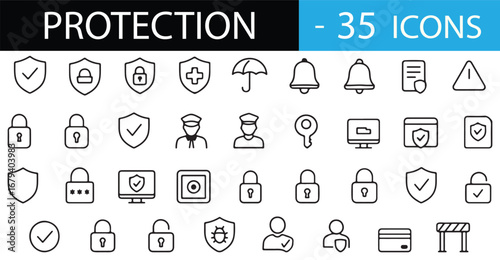 Minimalist Protection Icon Set – 30 Line Art Symbols for Security, Safety, Privacy, Cyber Defense, Biometrics, Emergency, and Risk Management – Scalable Vector Pack for Commercial Use
