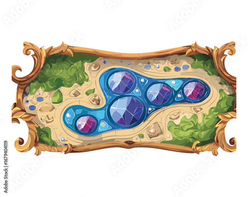 Ancient map with a large lake and mountains, a classic discovery element for a fantasy world exploration Game

