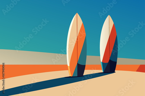 Two surfboards standing upright on a sandy beach with a clear blue sky and abstract landscape in the background
