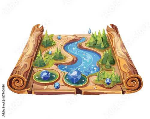 Old map scroll with a river path, a valuable quest item for a fantasy adventure board Game design