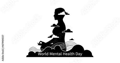 Vector art of world mental health day with meditating person silhouette