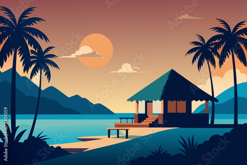 Tranquil tropical beach scene at sunset with palm trees a hut and calm ocean waters