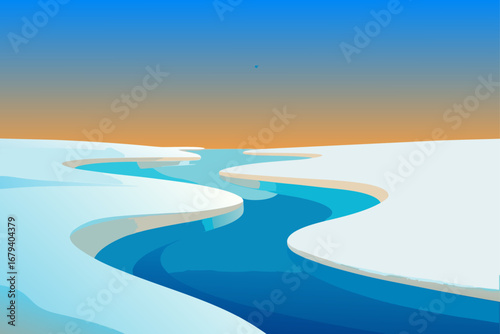 Stylized arctic landscape with a winding blue river flowing through snow and ice under a gradient sky
