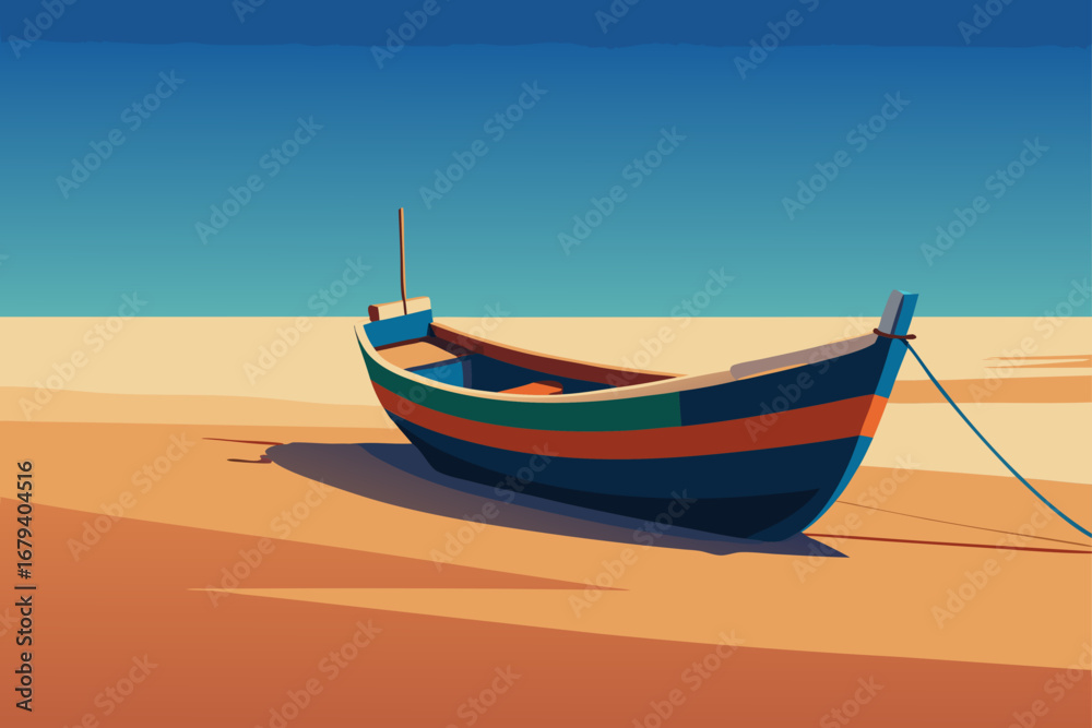 Naklejka premium A colorful fishing boat rests on a sandy beach under a clear blue sky