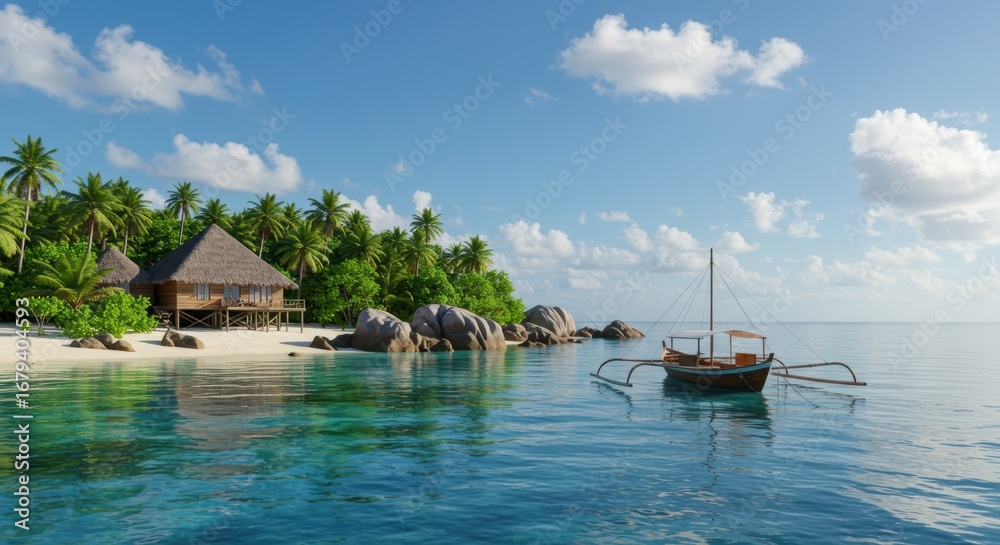 Fototapeta premium Bungalow on a tropical island beach with an outrigger boat in turquoise waters offering a serene vacation destination