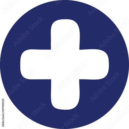 Simple white plus sign centered within a dark blue circular emblem conveying medical assistance healthcare and positive outcomes in a clean design.