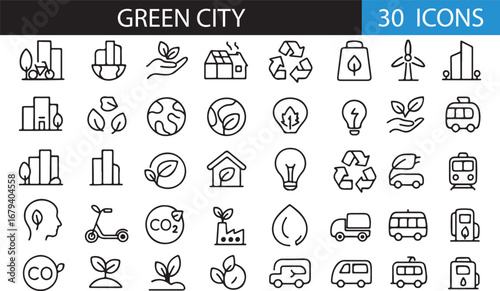 Minimalist Green City Icon Set – 30 Line Art Symbols for Sustainability, Eco-Friendly Living, Renewable Energy, Recycling, Urban Nature, and Environmental Awareness – Vector Pack