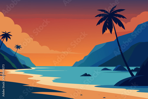 Stylized tropical beach scene with palm trees and mountains at sunset with vibrant orange sky and blue ocean water