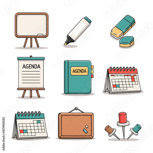 Colorful collection of cartoon office supply icons for business planning, agenda scheduling, and meeting organization concepts