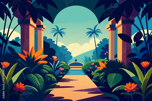 Vibrant tropical garden path with exotic flowers and palm trees leading to a serene canal and arched bridge