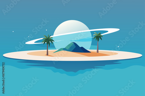 Stylized tropical island paradise with palm trees and mountains under a ringed planet in a clear blue sky