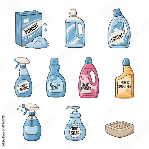A colorful collection of illustrated household cleaning supplies, representing hygiene, laundry, and home care concepts