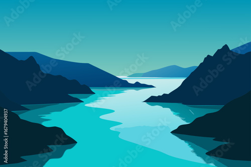Serene turquoise river flowing through dark blue mountains under a clear sky