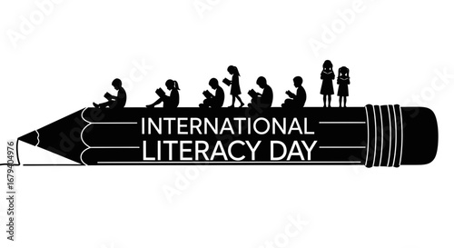 Vector art of international literacy day with children reading on a pencil