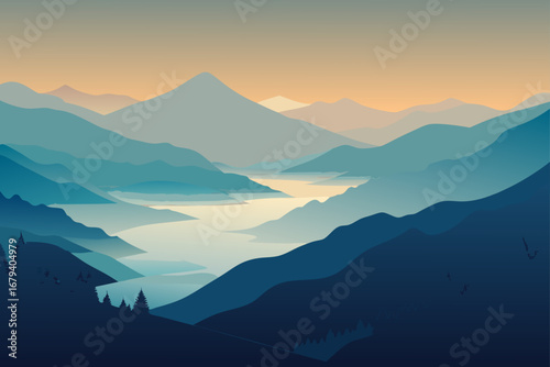 Serene mountain landscape with a winding river and soft orange sky at dawn or dusk