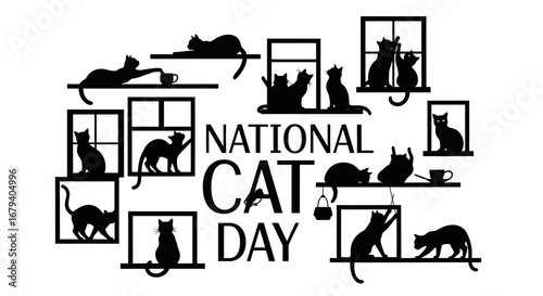Vector art of national cat day with cats in windows and on shelves