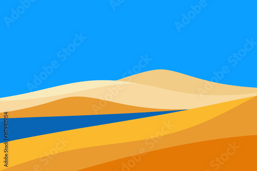 Stylized abstract desert landscape with rolling sand dunes and a winding blue river under a clear bright blue sky