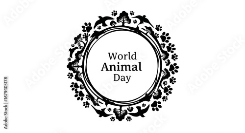 Vector art of world animal day circular frame with animal paw prints and figures