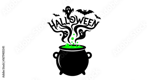 Vector art of halloween cauldron with ghosts and bats