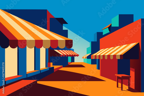 Stylized geometric street scene with colorful awnings and buildings under a bright blue sky
