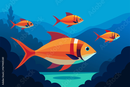 A school of vibrant orange fish swimming gracefully through a deep blue underwater landscape with dark coral reefs and a calm turquoise sea