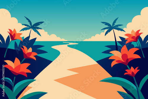 Stylized tropical beach path with palm trees and vibrant flowers leading to the ocean under a clear blue sky