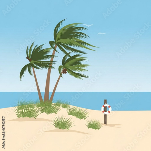 Tropical Beach with Palm Trees – Vector Illustration of Sandy Coastline, Ocean, and Lifebuoy
