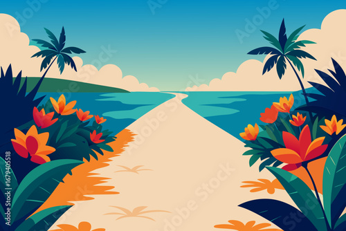 Vibrant tropical paradise with a sandy path leading to the ocean framed by lush foliage and colorful flowers under a clear blue sky