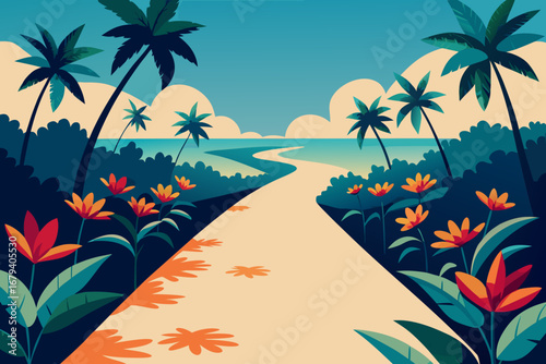 Tropical paradise path leading to the ocean with palm trees and vibrant flowers under a blue sky