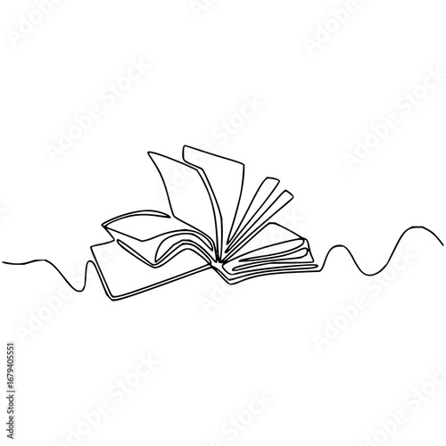 Minimalist single line drawing of an open book for education, literature, and creative projects
