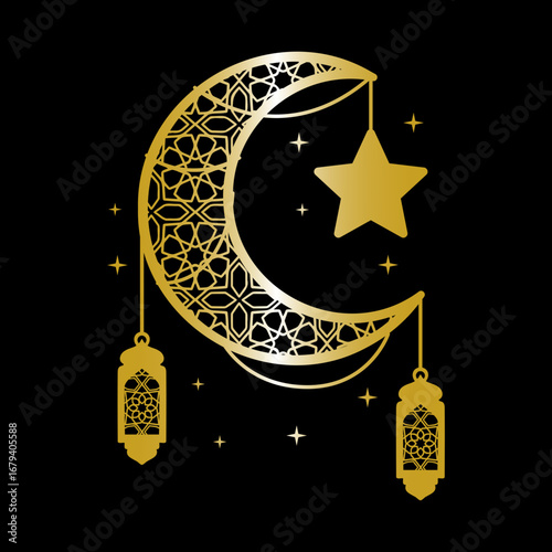 Golden Islamic crescent moon with ornate patterns, star, and lanterns, representing Ramadan and Eid celebrations, with scattered stars