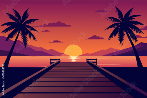 Serene tropical sunset over the ocean with a wooden pier and silhouetted palm trees